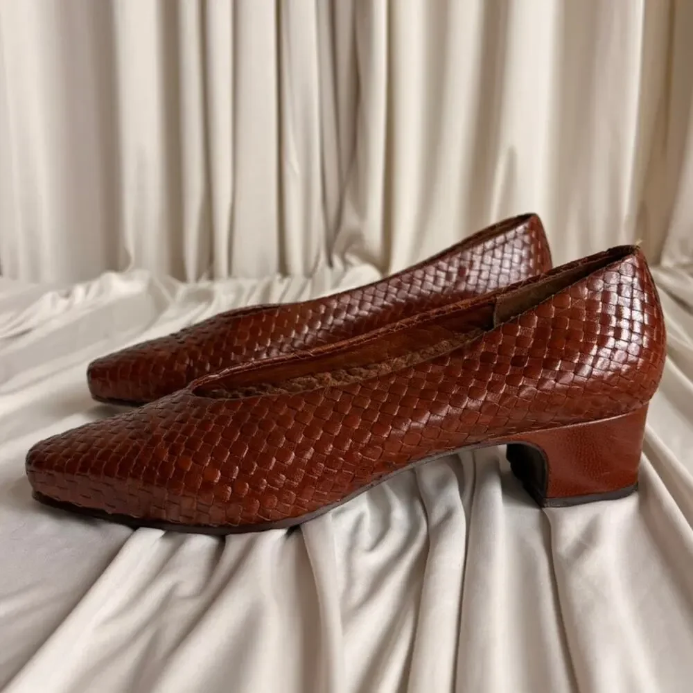 Enzo Angiolini Cognac Woven Leather Pumps - Almond Toe, Size 7.5